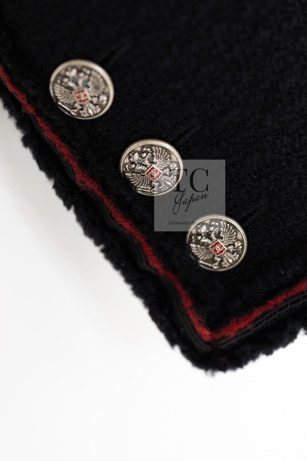 CHANEL 09PF Black Red Trim Moscow Wool Tweed Jacket Skirt Suit 38 シャネル ブラック レッド トリム ロマノフ ウール ツイード ジャケット スカート スーツ 即発