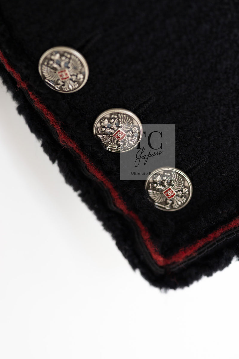 CHANEL 09PF Black Red Trim Moscow Wool Tweed Jacket Skirt Suit 38 シャネル ブラック レッド トリム ロマノフ ウール ツイード ジャケット スカート スーツ 即発