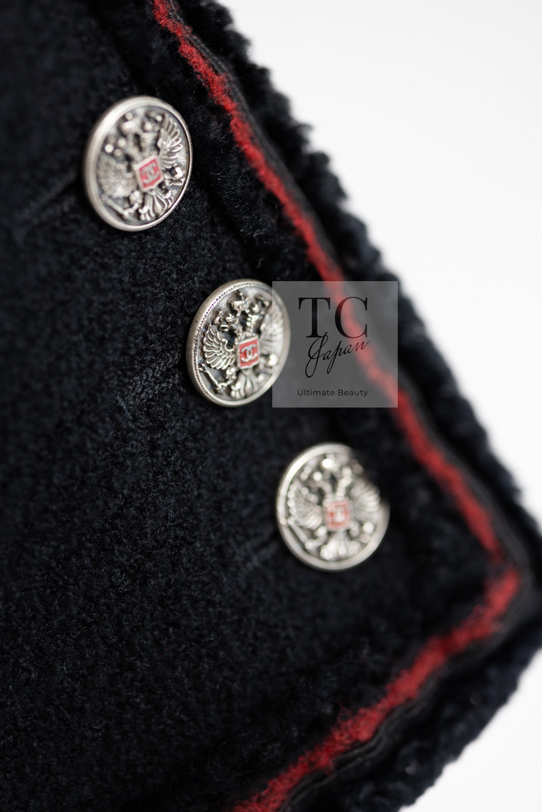 CHANEL 09PF Black Red Trim Moscow Wool Tweed Jacket Skirt Suit 38 シャネル ブラック レッド トリム ロマノフ ウール ツイード ジャケット スカート スーツ 即発