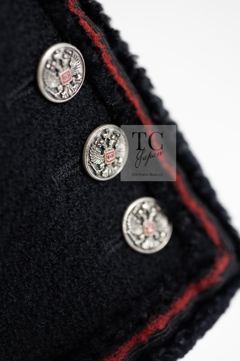 CHANEL 09PF Black Red Trim Moscow Wool Tweed Jacket Skirt Suit 38 シャネル ブラック レッド トリム ロマノフ ウール ツイード ジャケット スカート スーツ 即発