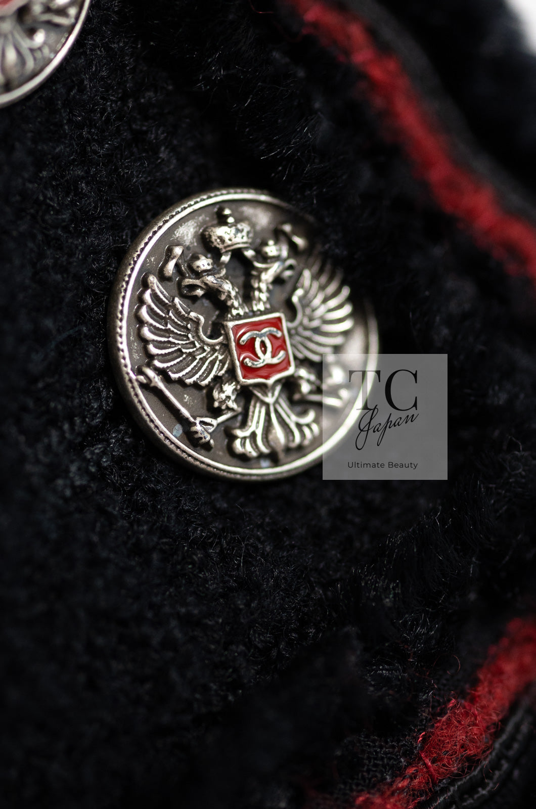 CHANEL 09PF Black Red Trim Moscow Wool Tweed Jacket Skirt Suit 38 シャネル ブラック レッド トリム ロマノフ ウール ツイード ジャケット スカート スーツ 即発