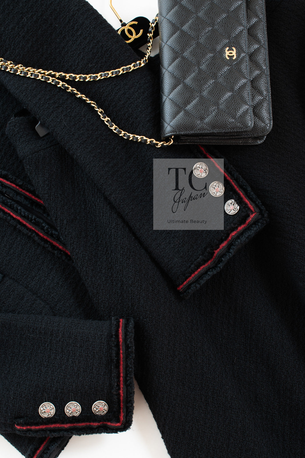 CHANEL 09PF Black Red Trim Moscow Wool Tweed Jacket Skirt Suit 38 シャネル ブラック レッド トリム ロマノフ ウール ツイード ジャケット スカート スーツ 即発