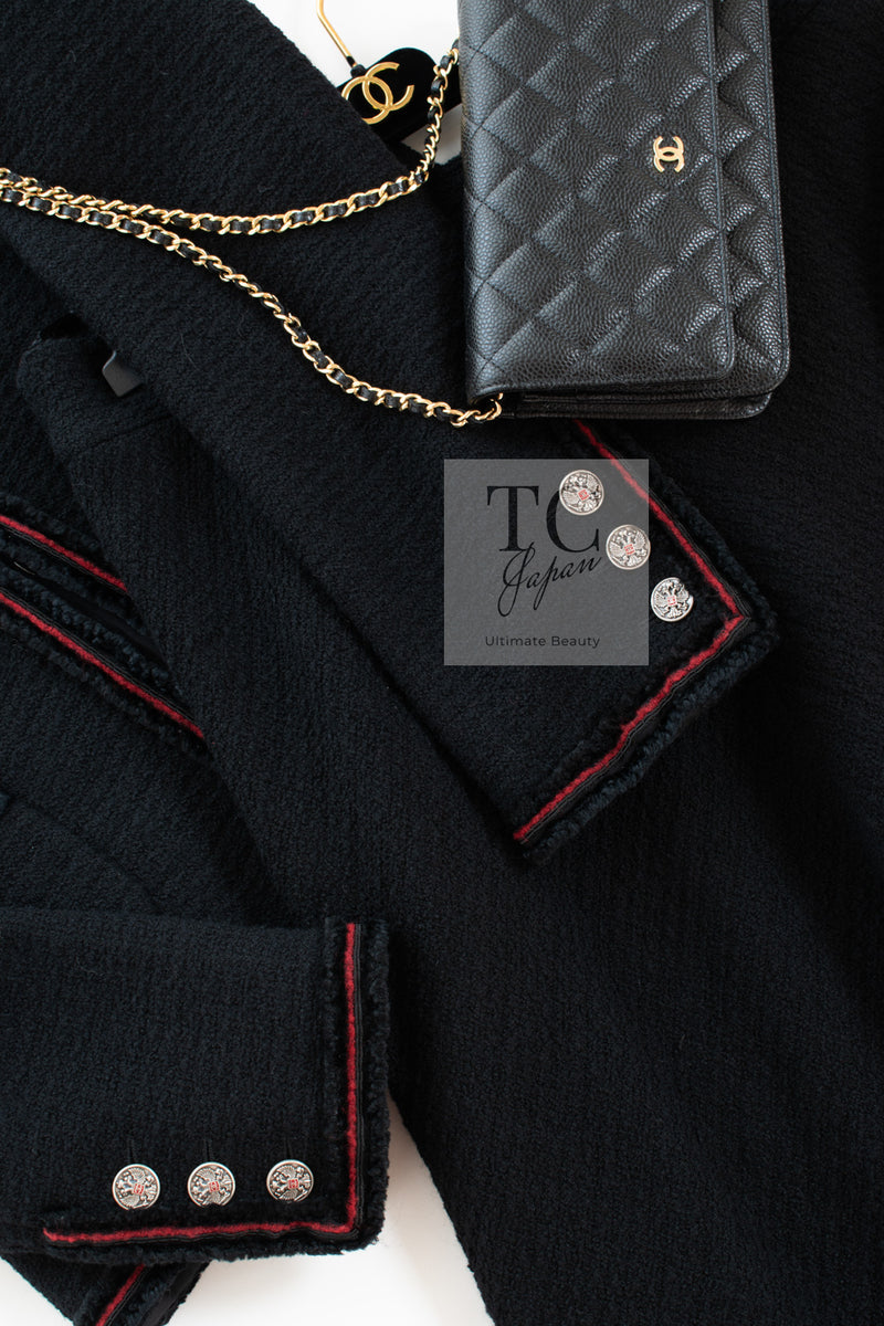 CHANEL 09PF Black Red Trim Moscow Wool Tweed Jacket Skirt Suit 38 シャネル ブラック レッド トリム ロマノフ ウール ツイード ジャケット スカート スーツ 即発