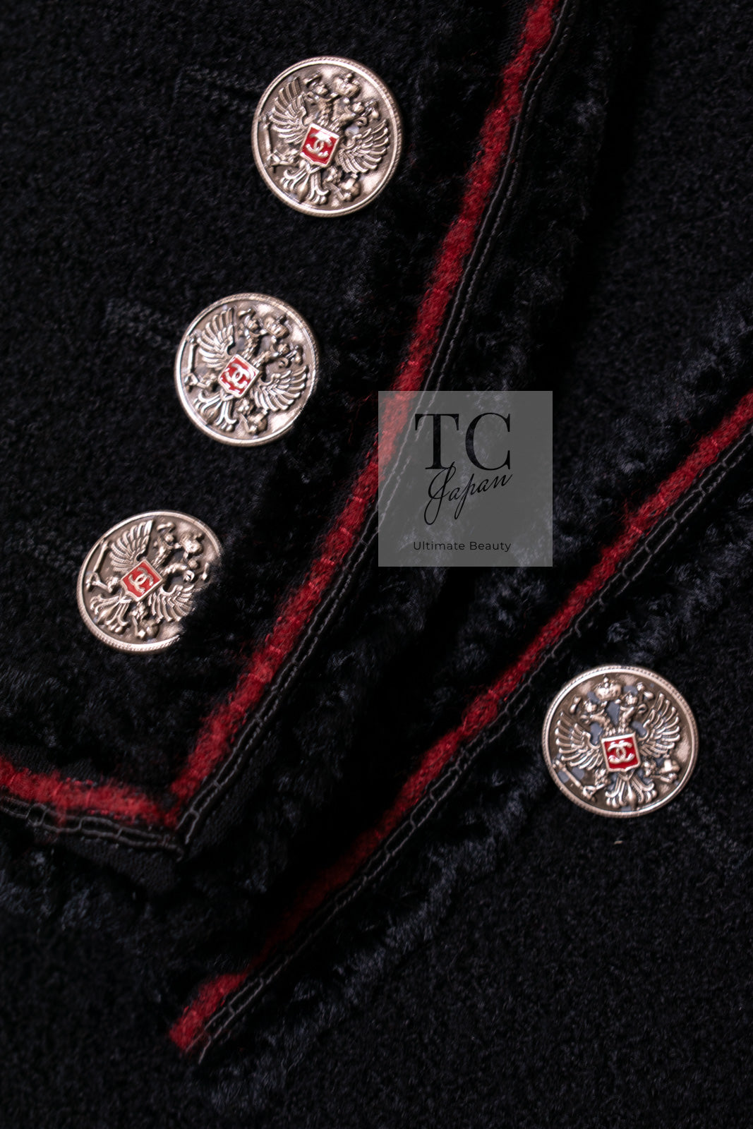 CHANEL 09PF Black Red Trim Moscow Wool Tweed Jacket Skirt Suit 38 シャネル ブラック レッド トリム ロマノフ ウール ツイード ジャケット スカート スーツ 即発