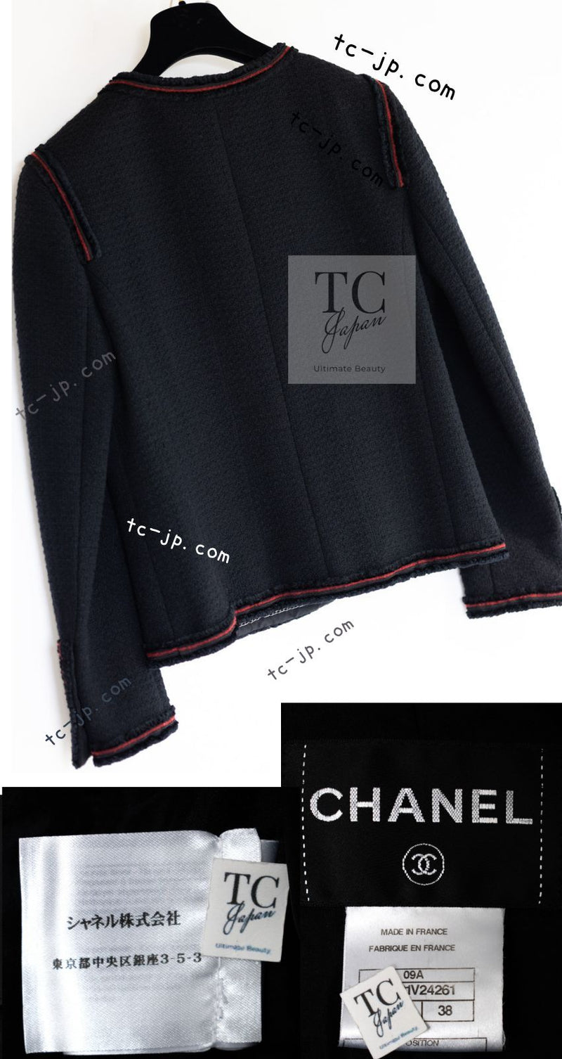 CHANEL 09PF Black Red Trim Moscow Wool Tweed Jacket Skirt Suit 38 シャネル ブラック レッド トリム ロマノフ ウール ツイード ジャケット スカート スーツ 即発
