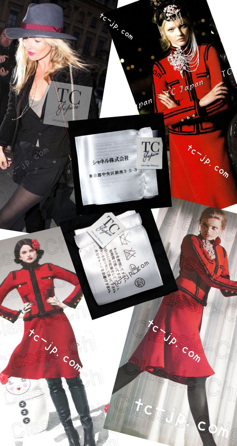 CHANEL 09PF Black Red Trim Moscow Wool Tweed Jacket Skirt Suit 38 シャネル ブラック レッド トリム ロマノフ ウール ツイード ジャケット スカート スーツ 即発