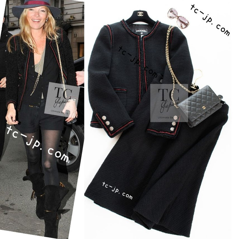 CHANEL 09PF Black Red Trim Moscow Wool Tweed Jacket Skirt Suit 38 シャネル ブラック レッド トリム ロマノフ ウール ツイード ジャケット スカート スーツ 即発