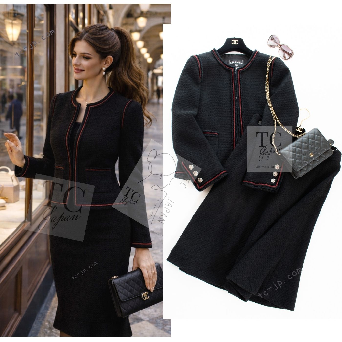 CHANEL 09PF Black Red Trim Moscow Wool Tweed Jacket Skirt Suit 38 シャネル ブラック レッド トリム ロマノフ ウール ツイード ジャケット スカート スーツ 即発