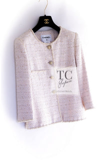 CHANEL 10S Pale Beige Pink Ivory Cotton Tweed Jacket Skirt Suit 42 44 シャネル ペール ベージュ ピンク アイボリー コットン ツイード ジャケット スカート スーツ 即発