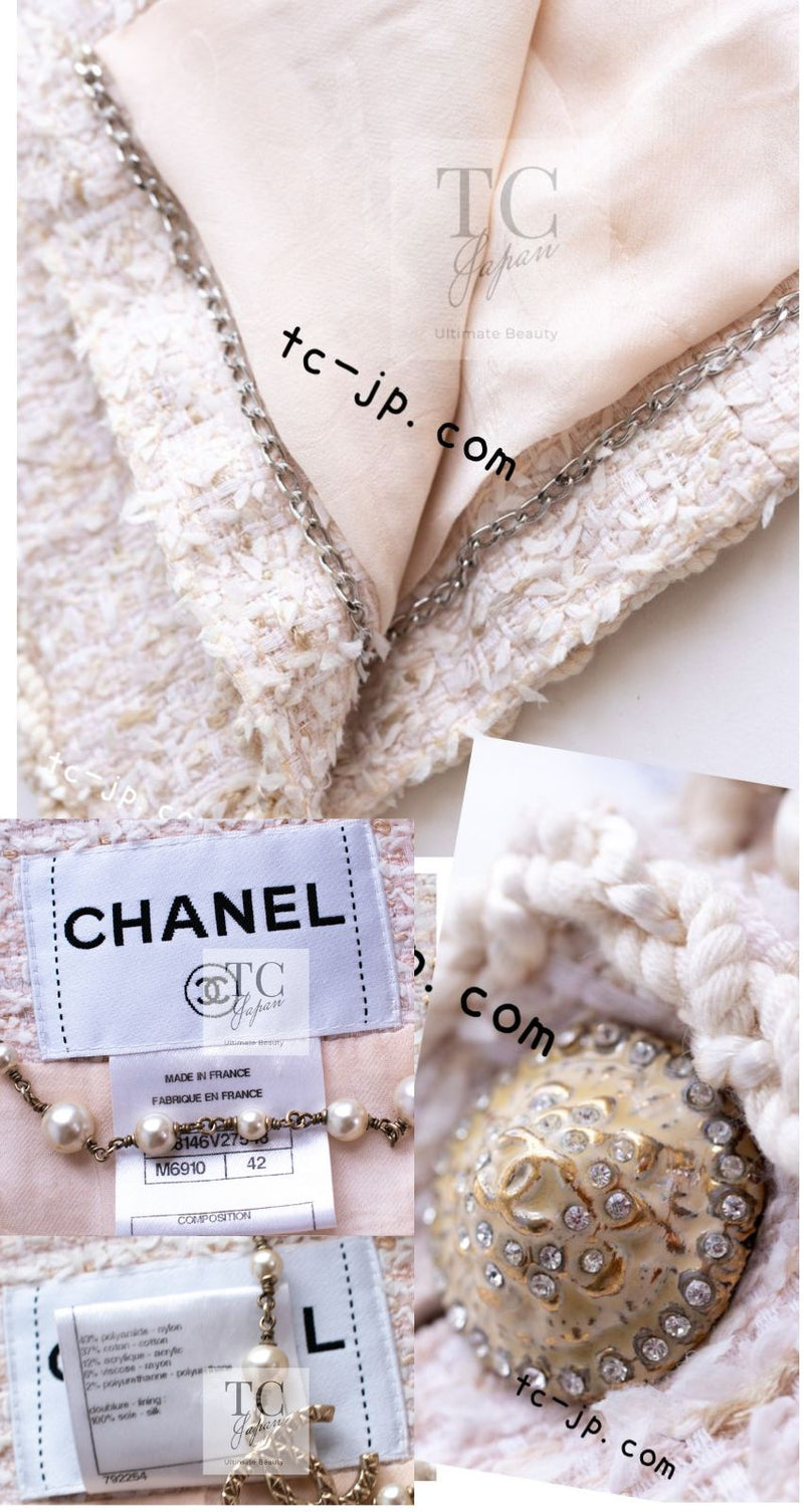 CHANEL 10S Pale Beige Pink Ivory Cotton Tweed Jacket Skirt Suit 42 44 シャネル ペール ベージュ ピンク アイボリー コットン ツイード ジャケット スカート スーツ 即発