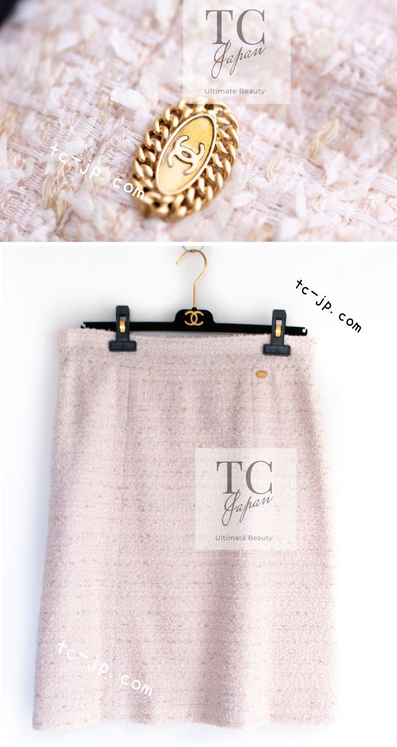 CHANEL 10S Pale Beige Pink Ivory Cotton Tweed Jacket Skirt Suit 42 44 シャネル ペール ベージュ ピンク アイボリー コットン ツイード ジャケット スカート スーツ 即発