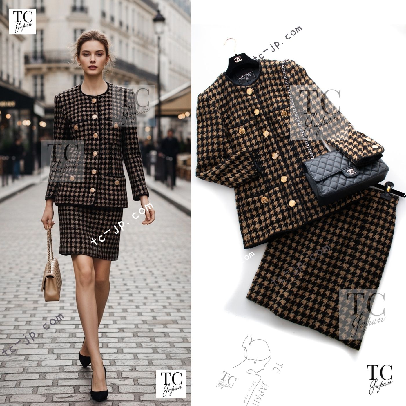 CHANEL 90A Vintage Brown Beige Houndstooth CC Logo Perfume Bottle Wool Tweed Jacket Skirt Suit 36 シャネル ヴィンテージ ブラウン ベージュ CC ロゴ 香水ボトル ボタン ウール ツイード ジャケット スカート スーツ 即発