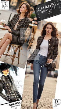 CHANEL 90A Vintage Brown Beige Houndstooth CC Logo Perfume Bottle Wool Tweed Jacket Skirt Suit 36 シャネル ヴィンテージ ブラウン ベージュ CC ロゴ 香水ボトル ボタン ウール ツイード ジャケット スカート スーツ 即発