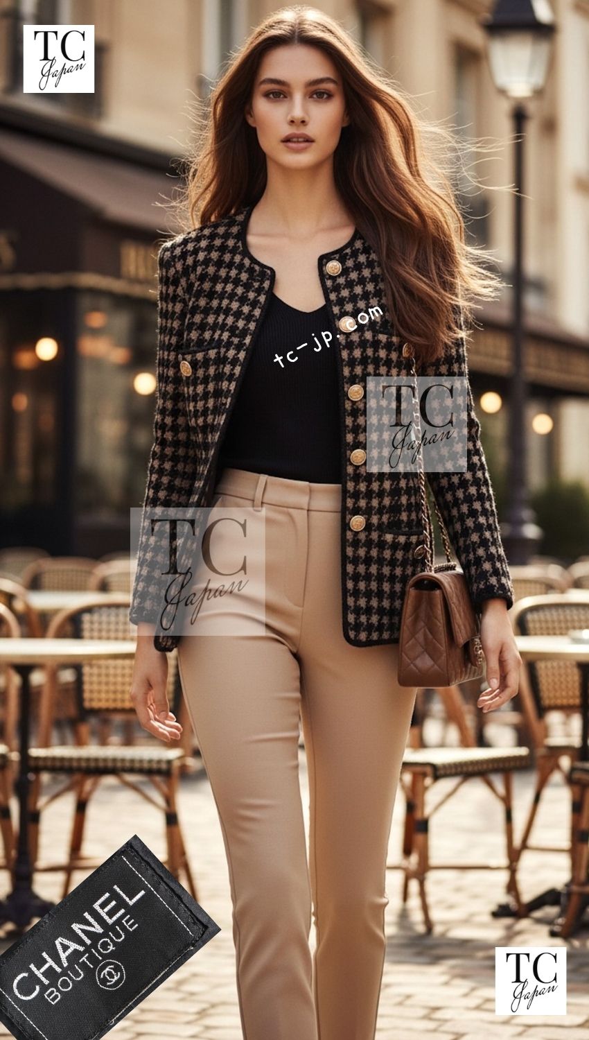 CHANEL 90A Vintage Brown Beige Houndstooth CC Logo Perfume Bottle Wool Tweed Jacket Skirt Suit 36 シャネル ヴィンテージ ブラウン ベージュ CC ロゴ 香水ボトル ボタン ウール ツイード ジャケット スカート スーツ 即発
