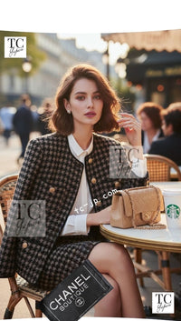 CHANEL 90A Vintage Brown Beige Houndstooth CC Logo Perfume Bottle Wool Tweed Jacket Skirt Suit 36 シャネル ヴィンテージ ブラウン ベージュ CC ロゴ 香水ボトル ボタン ウール ツイード ジャケット スカート スーツ 即発