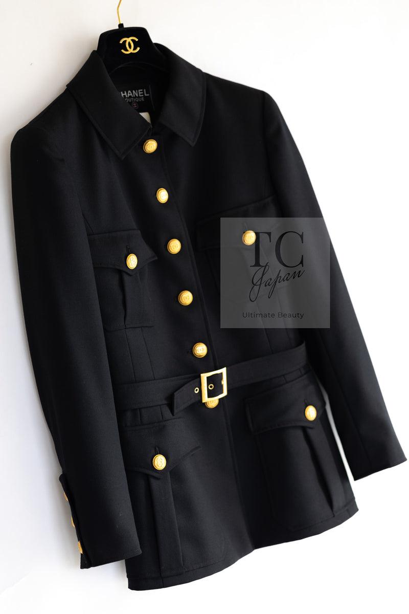 CHANEL 96A Vintage Black CC Gold Buttons Belt Military Jacket 38 シャネル ヴィンテージ ブラック CC ゴールド ボタン ベルト ミリタリー ジャケット 即発