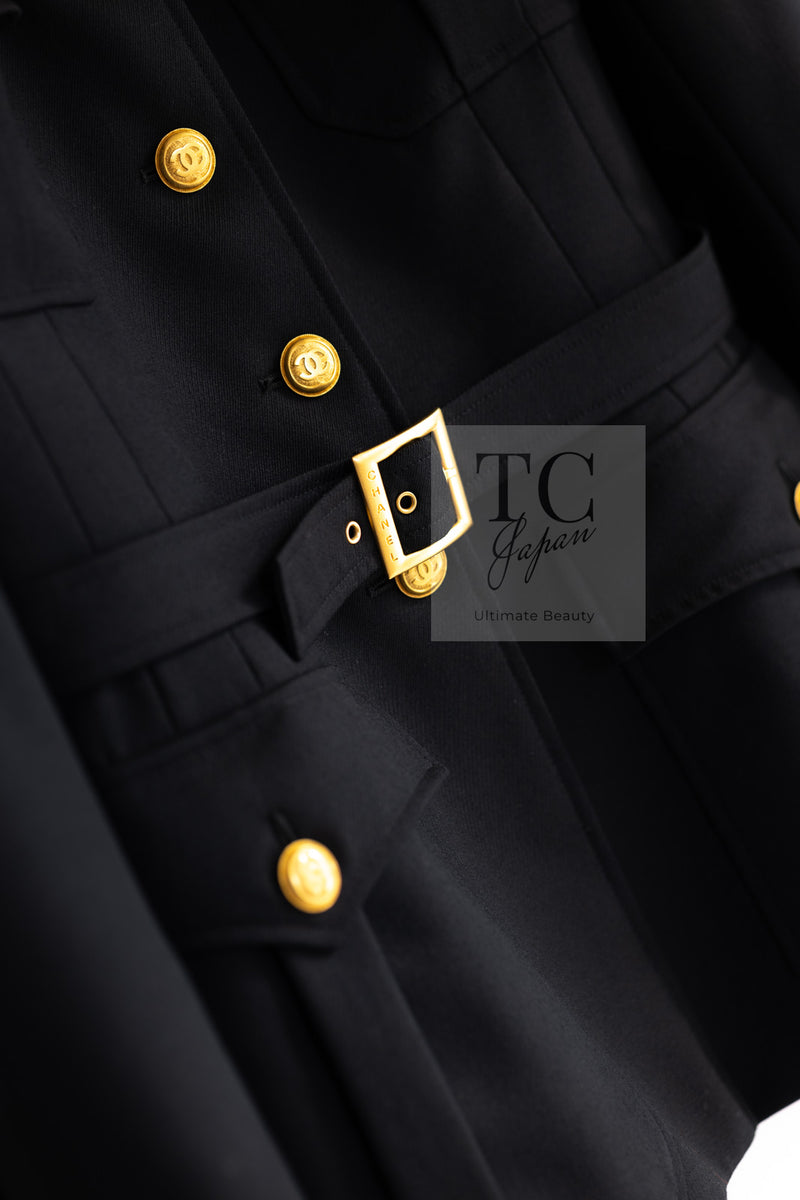 CHANEL 96A Vintage Black CC Gold Buttons Belt Military Jacket 38 シャネル ヴィンテージ ブラック CC ゴールド ボタン ベルト ミリタリー ジャケット 即発