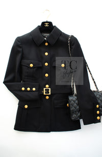 CHANEL 96A Vintage Black CC Gold Buttons Belt Military Jacket 38 シャネル ヴィンテージ ブラック CC ゴールド ボタン ベルト ミリタリー ジャケット 即発