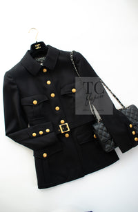 CHANEL 96A Vintage Black CC Gold Buttons Belt Military Jacket 38 シャネル ヴィンテージ ブラック CC ゴールド ボタン ベルト ミリタリー ジャケット 即発