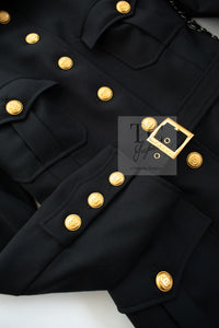 CHANEL 96A Vintage Black CC Gold Buttons Belt Military Jacket 38 シャネル ヴィンテージ ブラック CC ゴールド ボタン ベルト ミリタリー ジャケット 即発