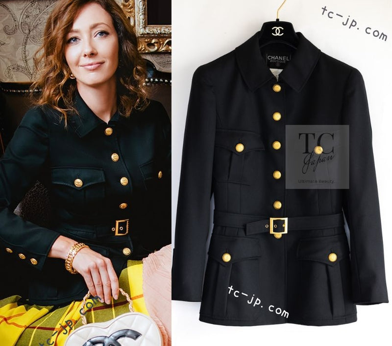 CHANEL 96A Vintage Black CC Gold Buttons Belt Military Jacket 38 シャネル ヴィンテージ ブラック CC ゴールド ボタン ベルト ミリタリー ジャケット 即発