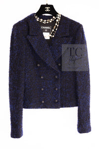 CHANEL 02A Black Blue Wool Mohair Double Tweed Jacket Skirt Suit 38 シャネル ブラック ブルー ウール モヘア ダブル ツイード ジャケット スカート スーツ 即発