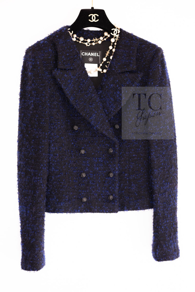 CHANEL 02A Black Blue Wool Mohair Double Tweed Jacket Skirt Suit 38 シャネル ブラック ブルー ウール モヘア ダブル ツイード ジャケット スカート スーツ 即発