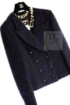 CHANEL 02A Black Blue Wool Mohair Double Tweed Jacket Skirt Suit 38 シャネル ブラック ブルー ウール モヘア ダブル ツイード ジャケット スカート スーツ 即発