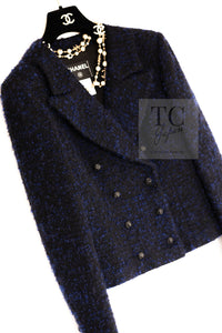 CHANEL 02A Black Blue Wool Mohair Double Tweed Jacket Skirt Suit 38 シャネル ブラック ブルー ウール モヘア ダブル ツイード ジャケット スカート スーツ 即発