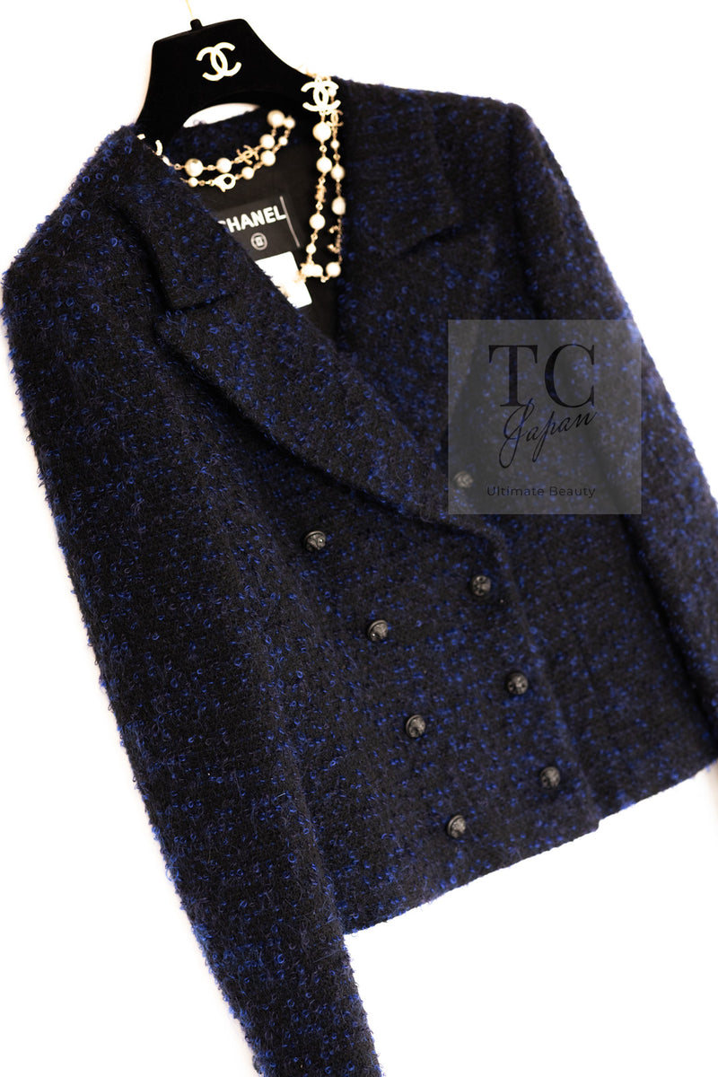 CHANEL 02A Black Blue Wool Mohair Double Tweed Jacket Skirt Suit 38 シャネル ブラック ブルー ウール モヘア ダブル ツイード ジャケット スカート スーツ 即発