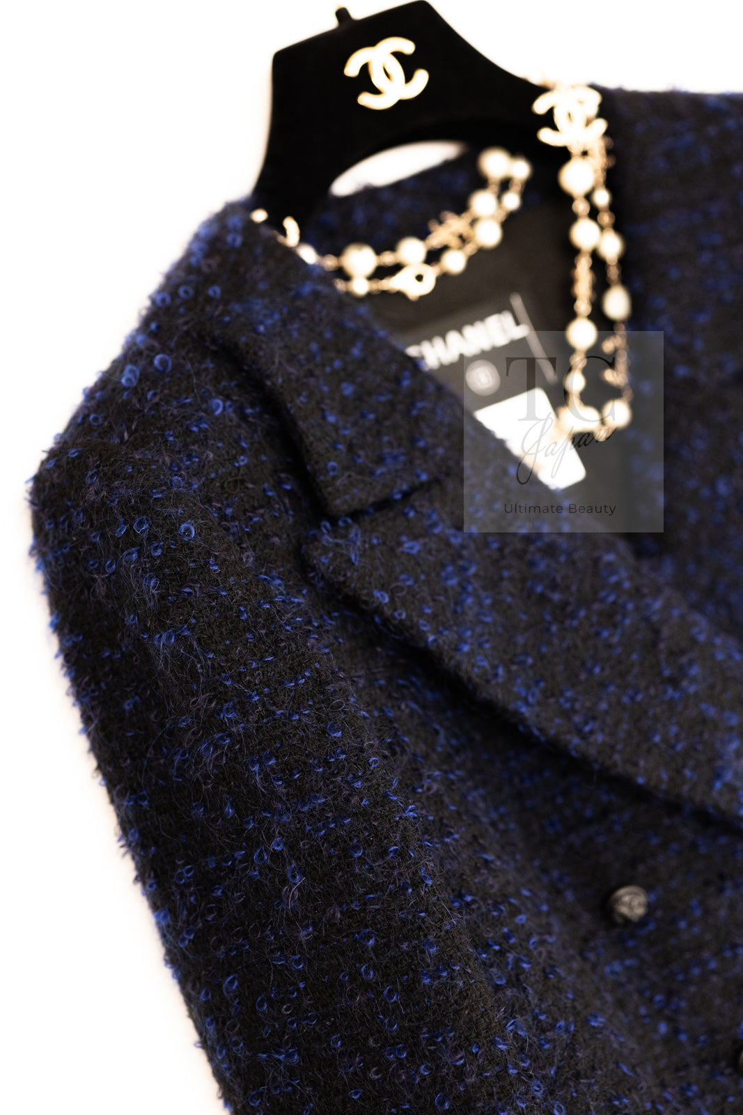 CHANEL 02A Black Blue Wool Mohair Double Tweed Jacket Skirt Suit 38 シャネル ブラック ブルー ウール モヘア ダブル ツイード ジャケット スカート スーツ 即発