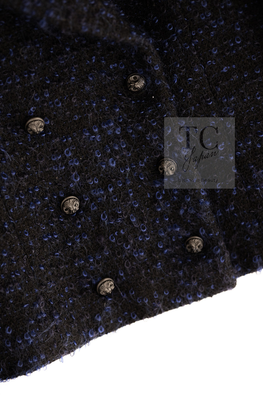 CHANEL 02A Black Blue Wool Mohair Double Tweed Jacket Skirt Suit 38 シャネル ブラック ブルー ウール モヘア ダブル ツイード ジャケット スカート スーツ 即発