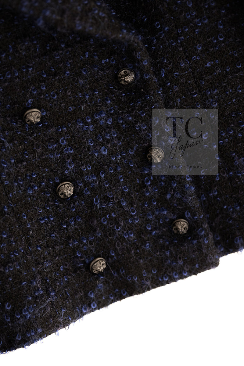 CHANEL 02A Black Blue Wool Mohair Double Tweed Jacket Skirt Suit 38 シャネル ブラック ブルー ウール モヘア ダブル ツイード ジャケット スカート スーツ 即発