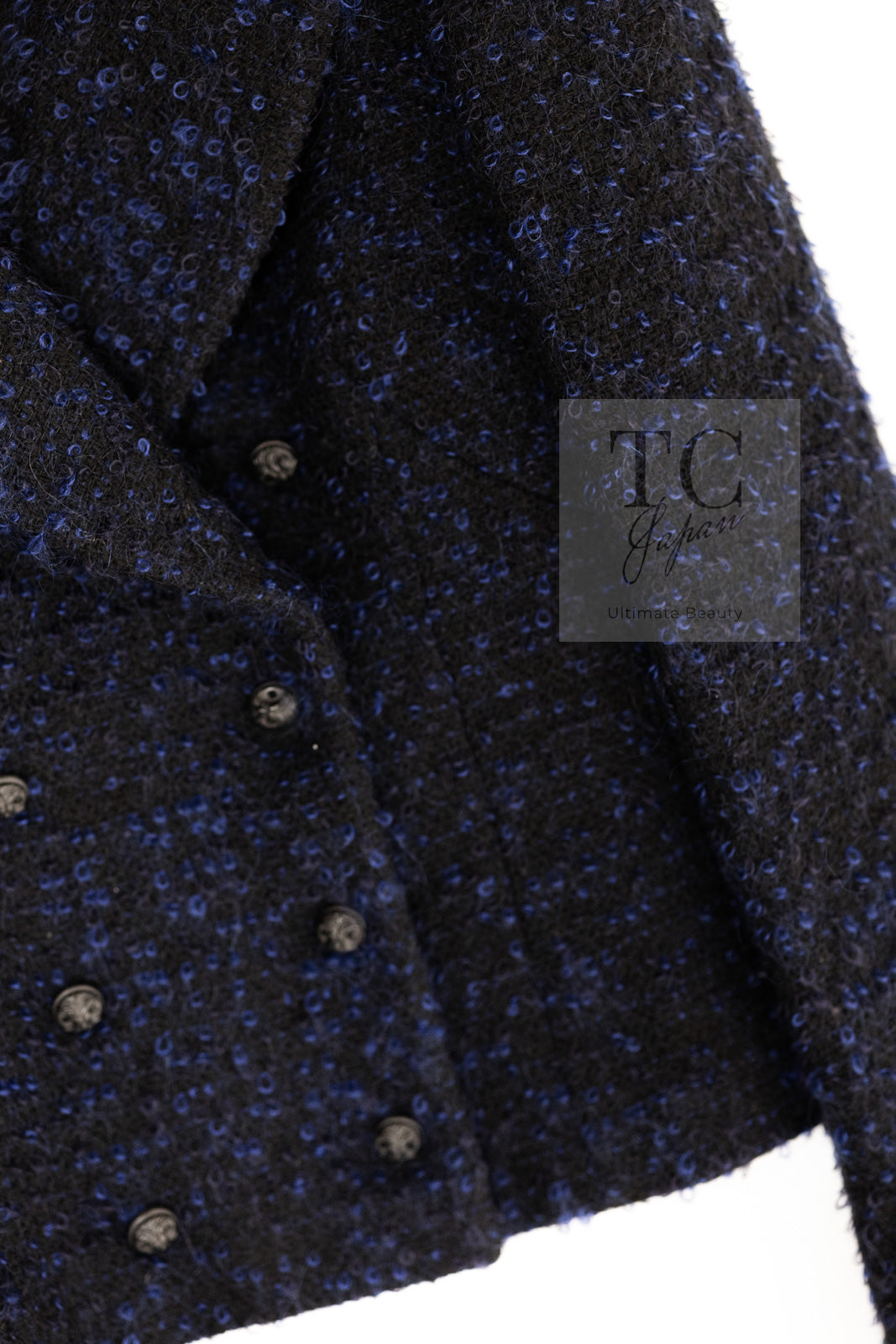 CHANEL 02A Black Blue Wool Mohair Double Tweed Jacket Skirt Suit 38 シャネル ブラック ブルー ウール モヘア ダブル ツイード ジャケット スカート スーツ 即発