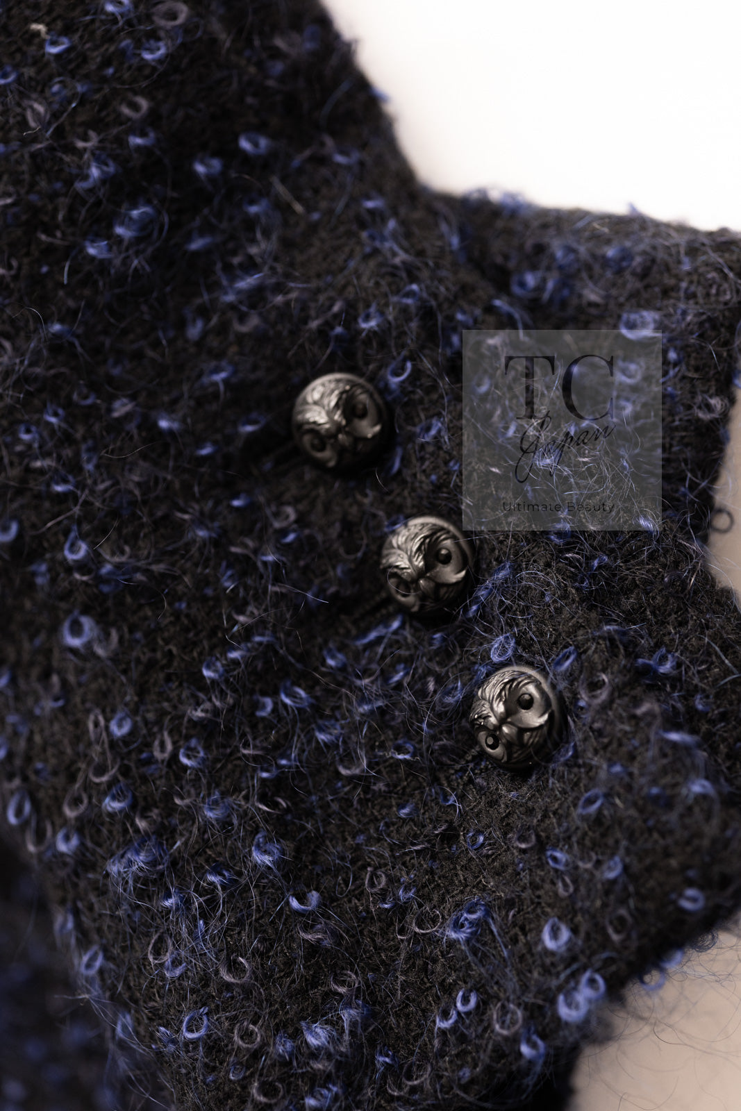 CHANEL 02A Black Blue Wool Mohair Double Tweed Jacket Skirt Suit 38 シャネル ブラック ブルー ウール モヘア ダブル ツイード ジャケット スカート スーツ 即発