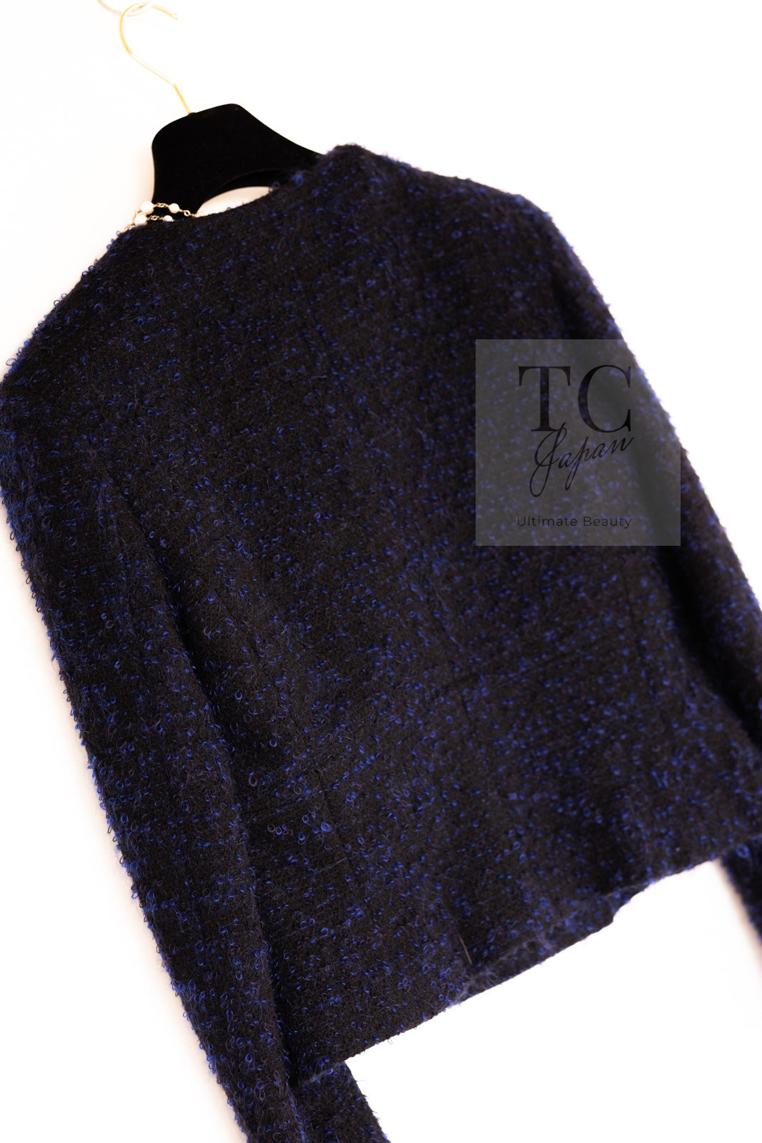 CHANEL 02A Black Blue Wool Mohair Double Tweed Jacket Skirt Suit 38 シャネル ブラック ブルー ウール モヘア ダブル ツイード ジャケット スカート スーツ 即発