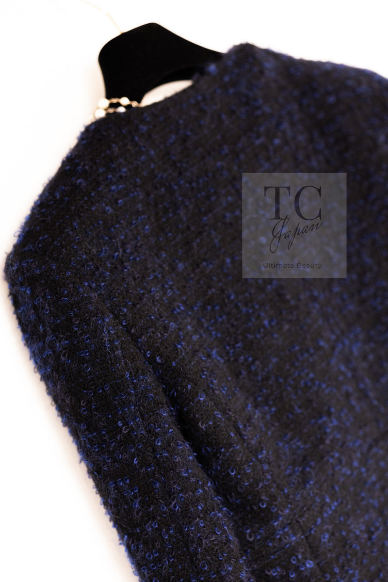CHANEL 02A Black Blue Wool Mohair Double Tweed Jacket Skirt Suit 38 シャネル ブラック ブルー ウール モヘア ダブル ツイード ジャケット スカート スーツ 即発