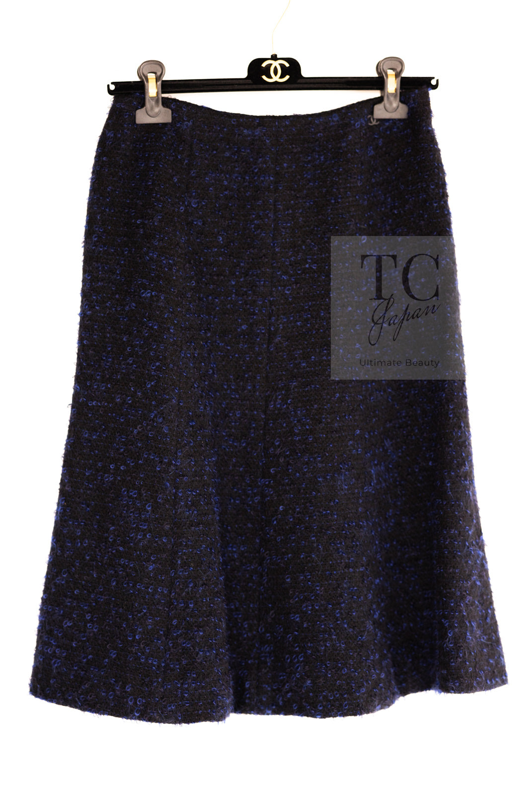 CHANEL 02A Black Blue Wool Mohair Double Tweed Jacket Skirt Suit 38 シャネル ブラック ブルー ウール モヘア ダブル ツイード ジャケット スカート スーツ 即発