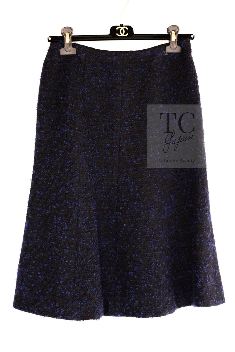 CHANEL 02A Black Blue Wool Mohair Double Tweed Jacket Skirt Suit 38 シャネル ブラック ブルー ウール モヘア ダブル ツイード ジャケット スカート スーツ 即発