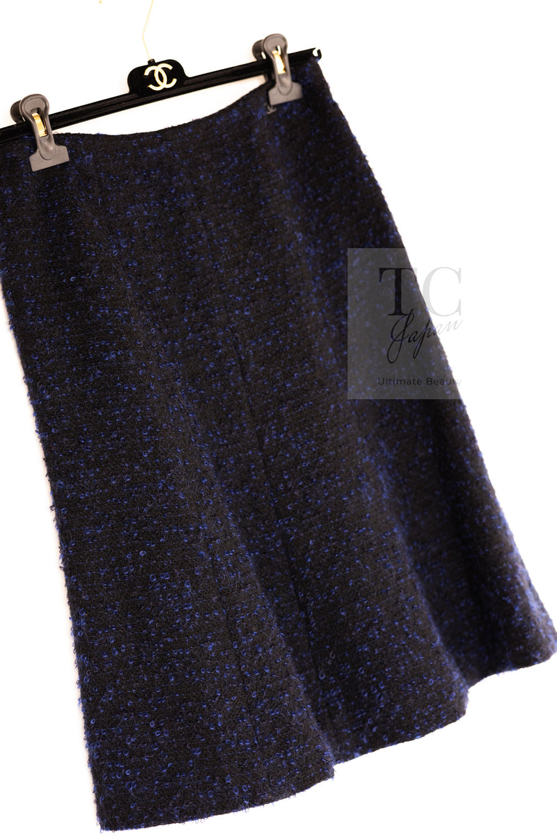 CHANEL 02A Black Blue Wool Mohair Double Tweed Jacket Skirt Suit 38 シャネル ブラック ブルー ウール モヘア ダブル ツイード ジャケット スカート スーツ 即発