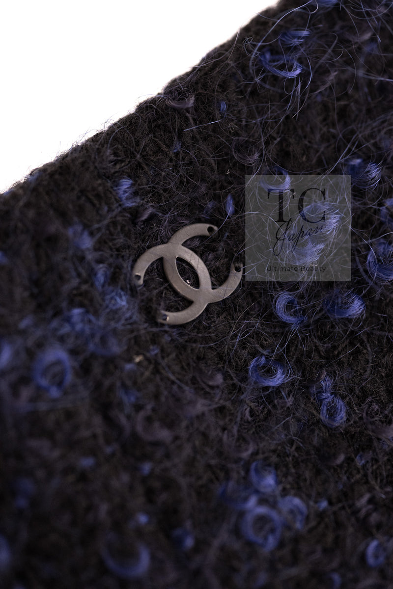 CHANEL 02A Black Blue Wool Mohair Double Tweed Jacket Skirt Suit 38 シャネル ブラック ブルー ウール モヘア ダブル ツイード ジャケット スカート スーツ 即発