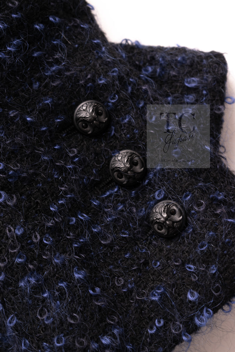 CHANEL 02A Black Blue Wool Mohair Double Tweed Jacket Skirt Suit 38 シャネル ブラック ブルー ウール モヘア ダブル ツイード ジャケット スカート スーツ 即発