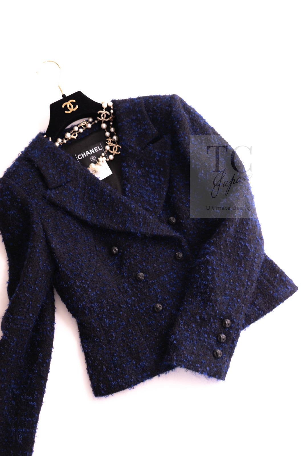 CHANEL 02A Black Blue Wool Mohair Double Tweed Jacket Skirt Suit 38 シャネル ブラック ブルー ウール モヘア ダブル ツイード ジャケット スカート スーツ 即発