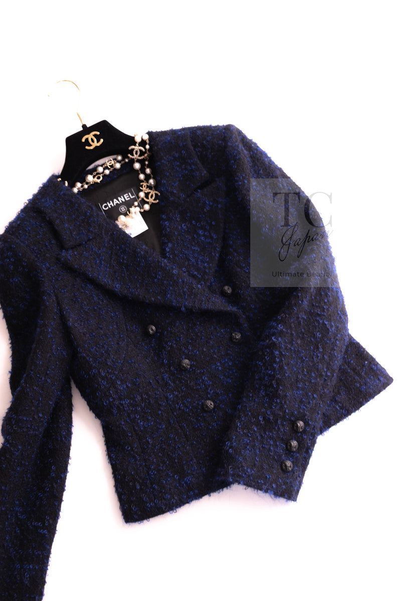 CHANEL 02A Black Blue Wool Mohair Double Tweed Jacket Skirt Suit 38 シャネル ブラック ブルー ウール モヘア ダブル ツイード ジャケット スカート スーツ 即発