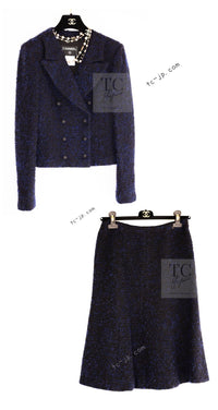 CHANEL 02A Black Blue Wool Mohair Double Tweed Jacket Skirt Suit 38 シャネル ブラック ブルー ウール モヘア ダブル ツイード ジャケット スカート スーツ 即発