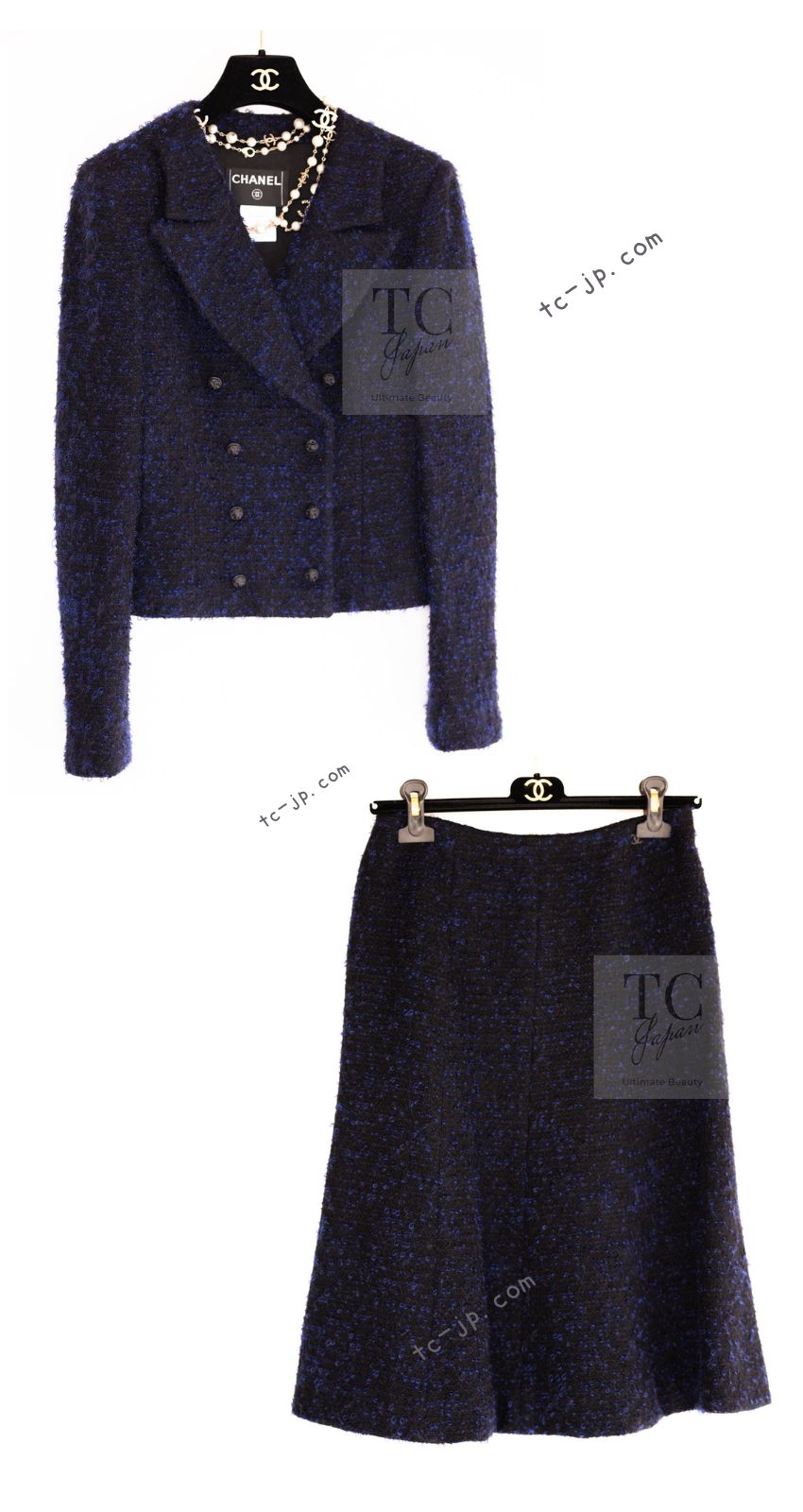 CHANEL 02A Black Blue Wool Mohair Double Tweed Jacket Skirt Suit 38 シャネル ブラック ブルー ウール モヘア ダブル ツイード ジャケット スカート スーツ 即発