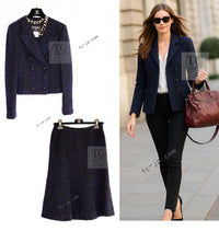 CHANEL 02A Black Blue Wool Mohair Double Tweed Jacket Skirt Suit 38 シャネル ブラック ブルー ウール モヘア ダブル ツイード ジャケット スカート スーツ 即発