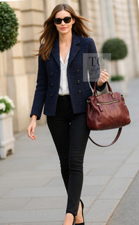 CHANEL 02A Black Blue Wool Mohair Double Tweed Jacket Skirt Suit 38 シャネル ブラック ブルー ウール モヘア ダブル ツイード ジャケット スカート スーツ 即発