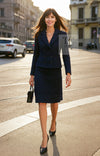 CHANEL 02A Black Blue Wool Mohair Double Tweed Jacket Skirt Suit 38 シャネル ブラック ブルー ウール モヘア ダブル ツイード ジャケット スカート スーツ 即発
