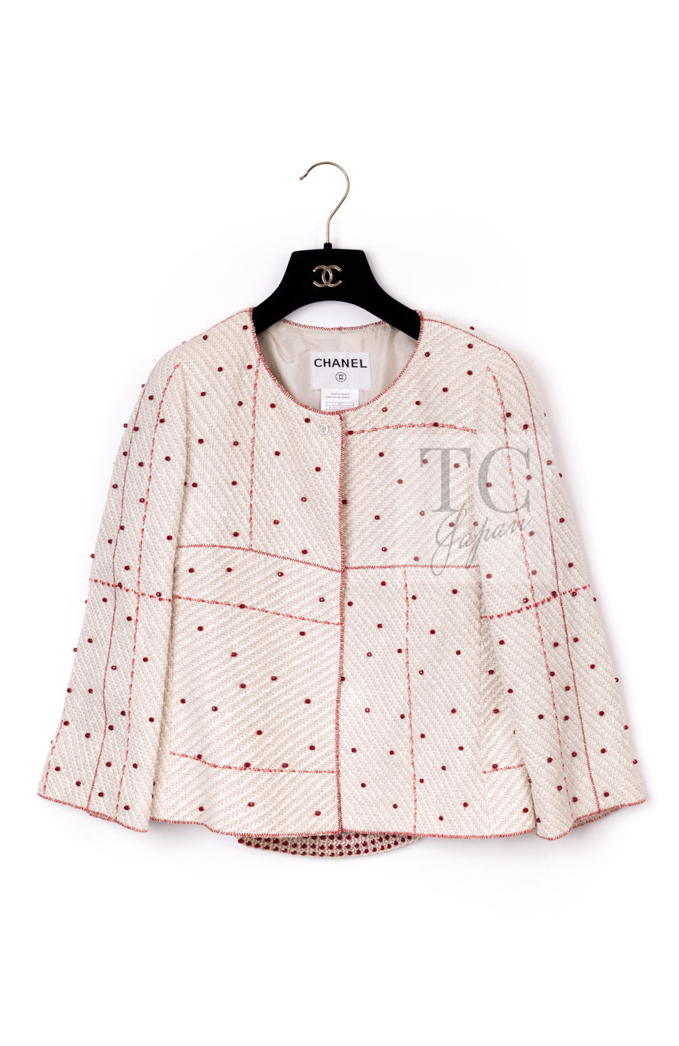 CHANEL 00C Vintage Beige Ivory Swarovski Red Beads Cotton Jacket Skirt Tops Set Up Suit 36 2